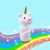 1 unicorn standing on an illustrated rainbow. Pink muzzle and gold horn.