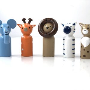 5 wood safari animal toys standing in a line. 1 elephant, 1 giraffe, 1 lion, 1 zebra, 1 leopard