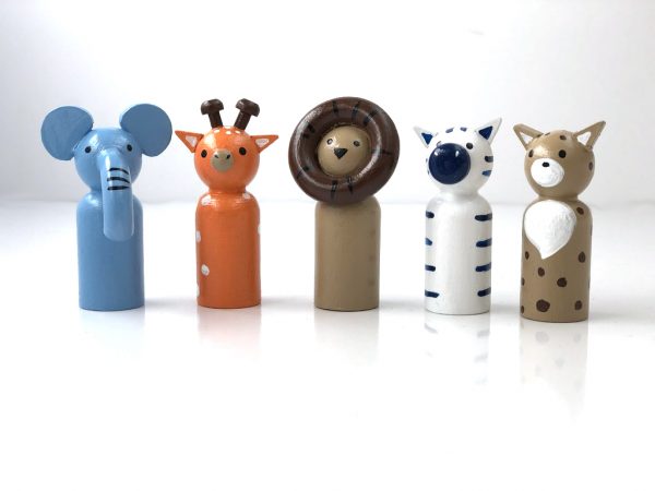 5 wood safari animal toys standing in a line. 1 elephant, 1 giraffe, 1 lion, 1 zebra, 1 leopard